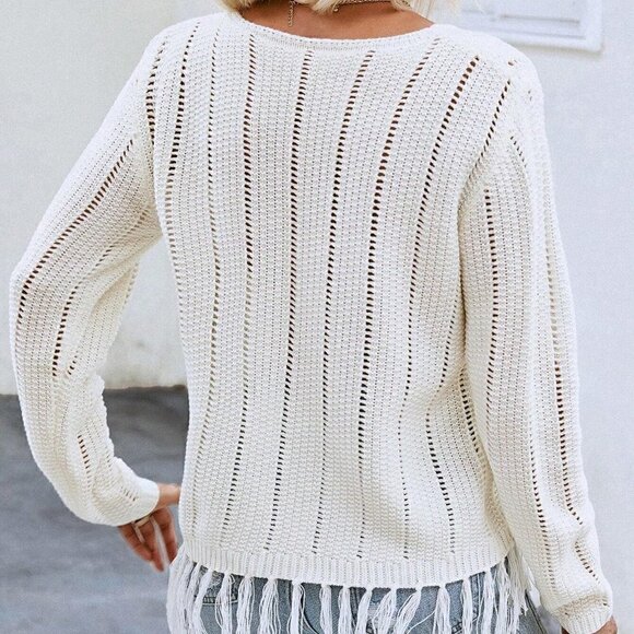White Boho Womens Fringe Hem Pointelle Knit Sweater - Picture 2 of 5